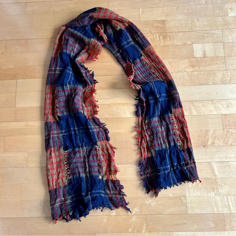 Madewell Distressed Plaid Wool Scarf, Colorful Muted Earth Tones, Unisex